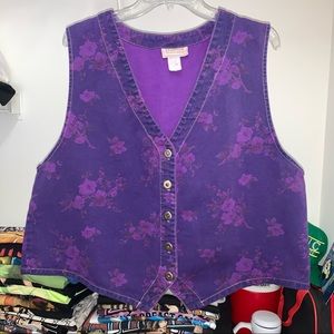 Vintage 80s Stampede Western Denim Corduroy Jean Purple Floral Vest XL